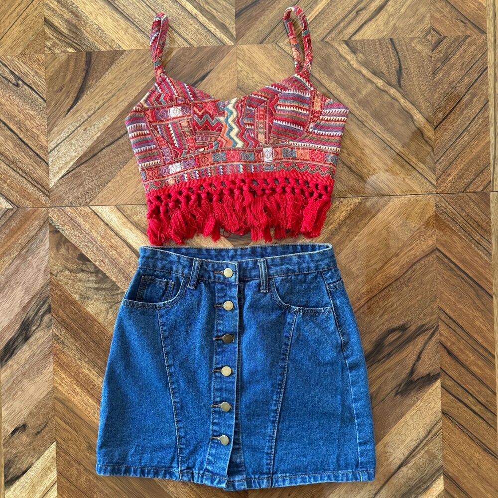 Aztec Print Cropped Western Top with Red Fringes Boho Chic Style Zip Closure XS